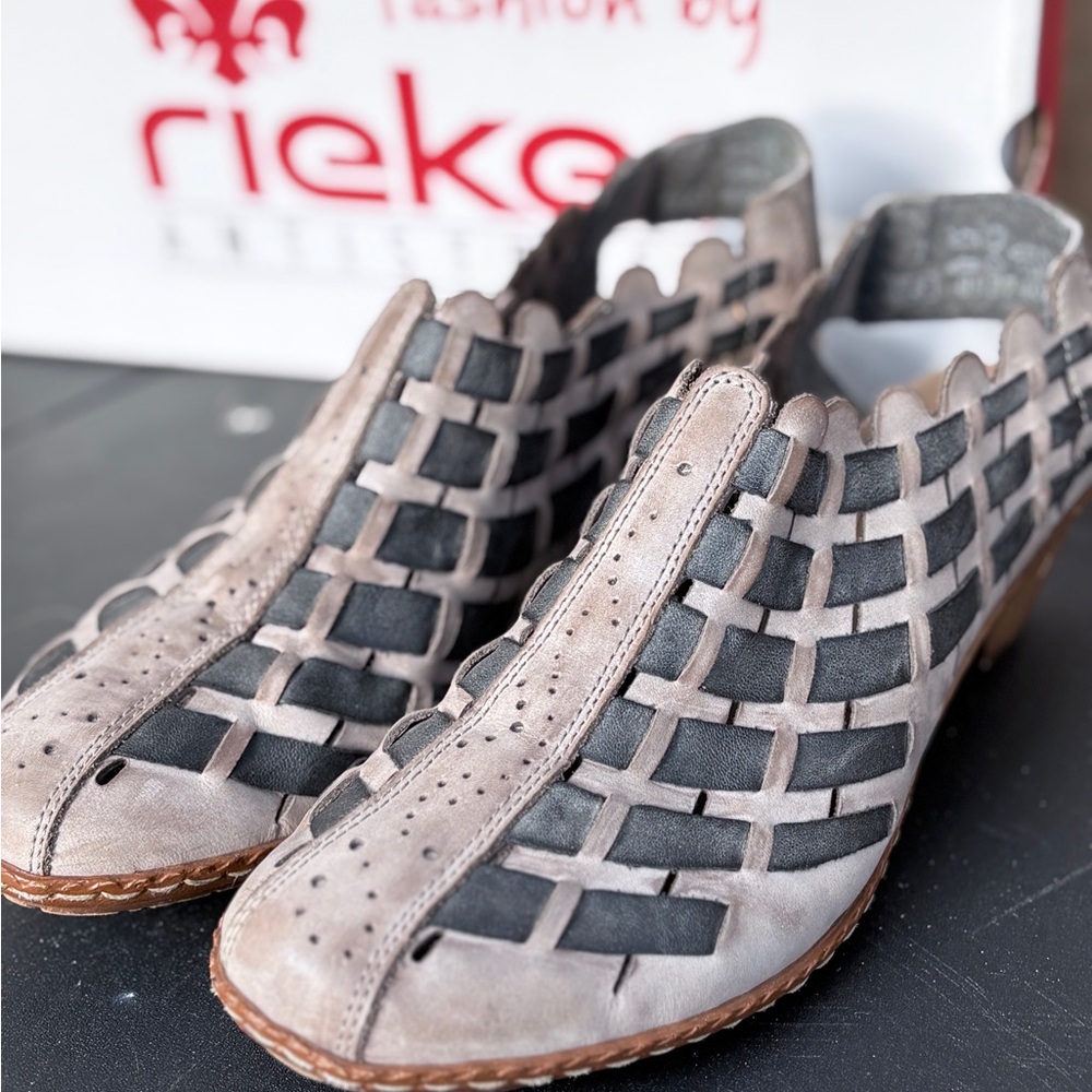 Rieker Taupe and Black Woven Leather Slip-On Clogs